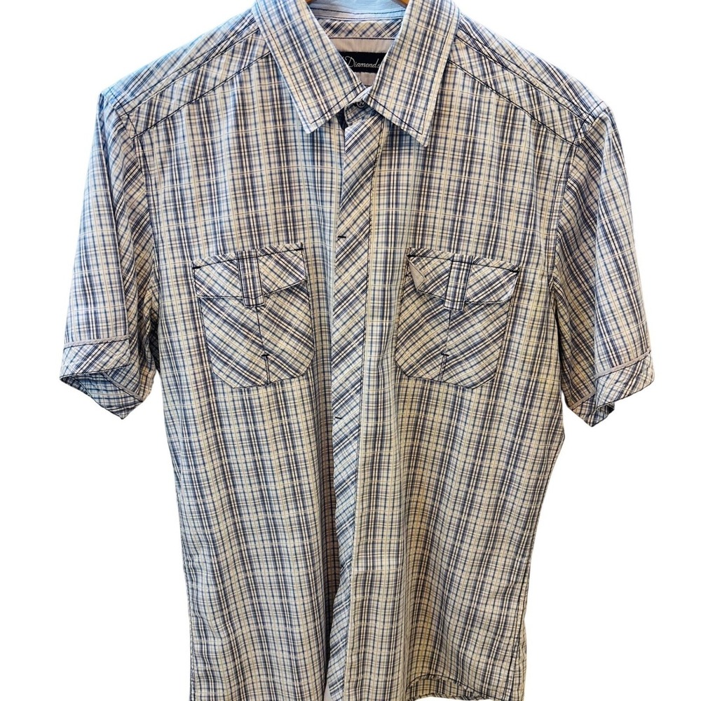 7 Diamonds Mens Short Sleeve Blue White Plaid Button Down Shirt Size Medium - Picture 2 of 5